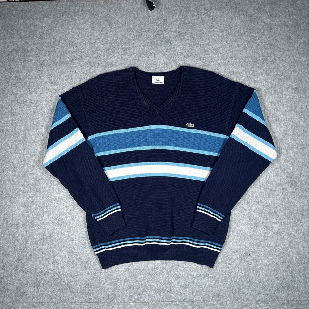 Lacoste Sweater Mens 3 Navy Blue Striped V-Neck‎ Knit Pullover Vintage Croc Logo
